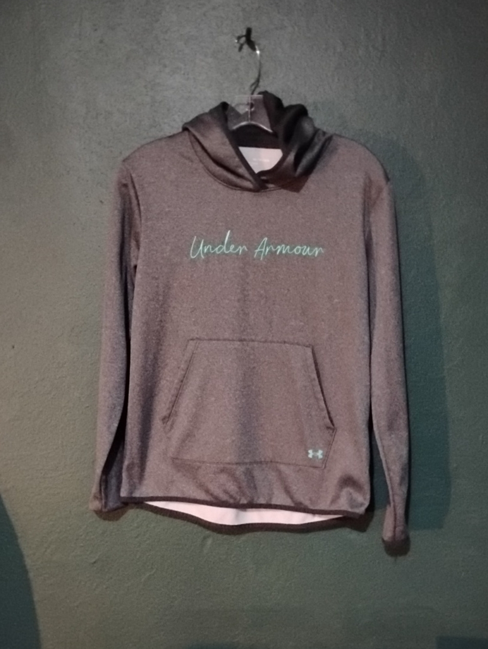Under Armour Men's Heather Gray Pullover Hoodie with Mint Script